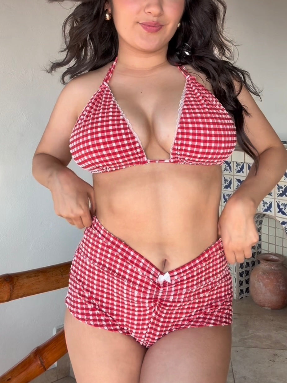 GINGHAM LACE DOUBLE STRING HALTER TOP
