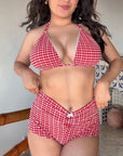 GINGHAM LACE DOUBLE STRING HALTER TOP