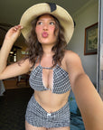 GINGHAM LACE DOUBLE STRING HALTER TOP